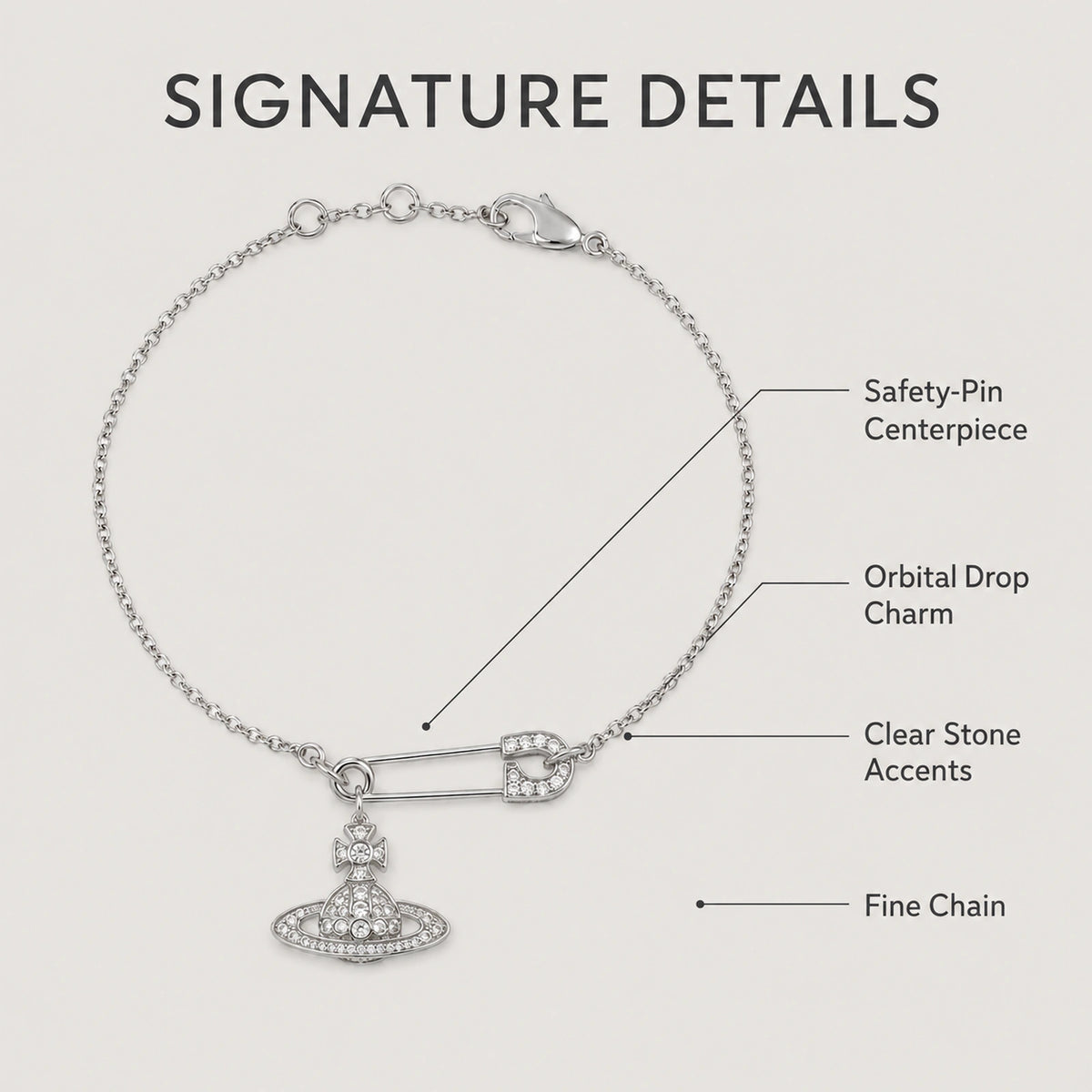 Feature guide highlighting the safety-pin centerpiece, orbital charm, clear stones and fine chain.