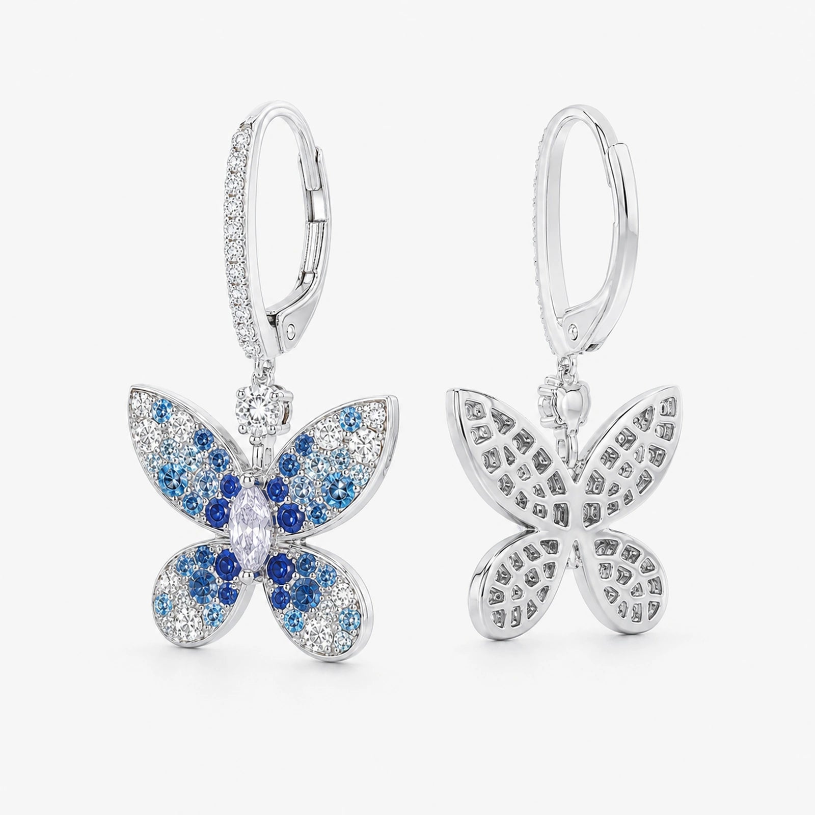 Front and rear construction views of blue butterfly drop earrings and leverback closures