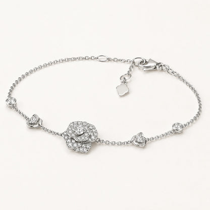 Oblique view of crystal rose bracelet showing raised flower and clasp construction
