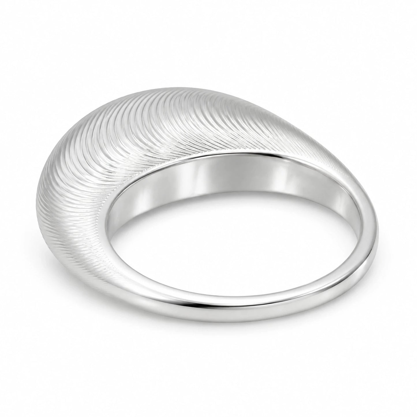 Rear oblique view of tapered fingerprint texture silver band ring