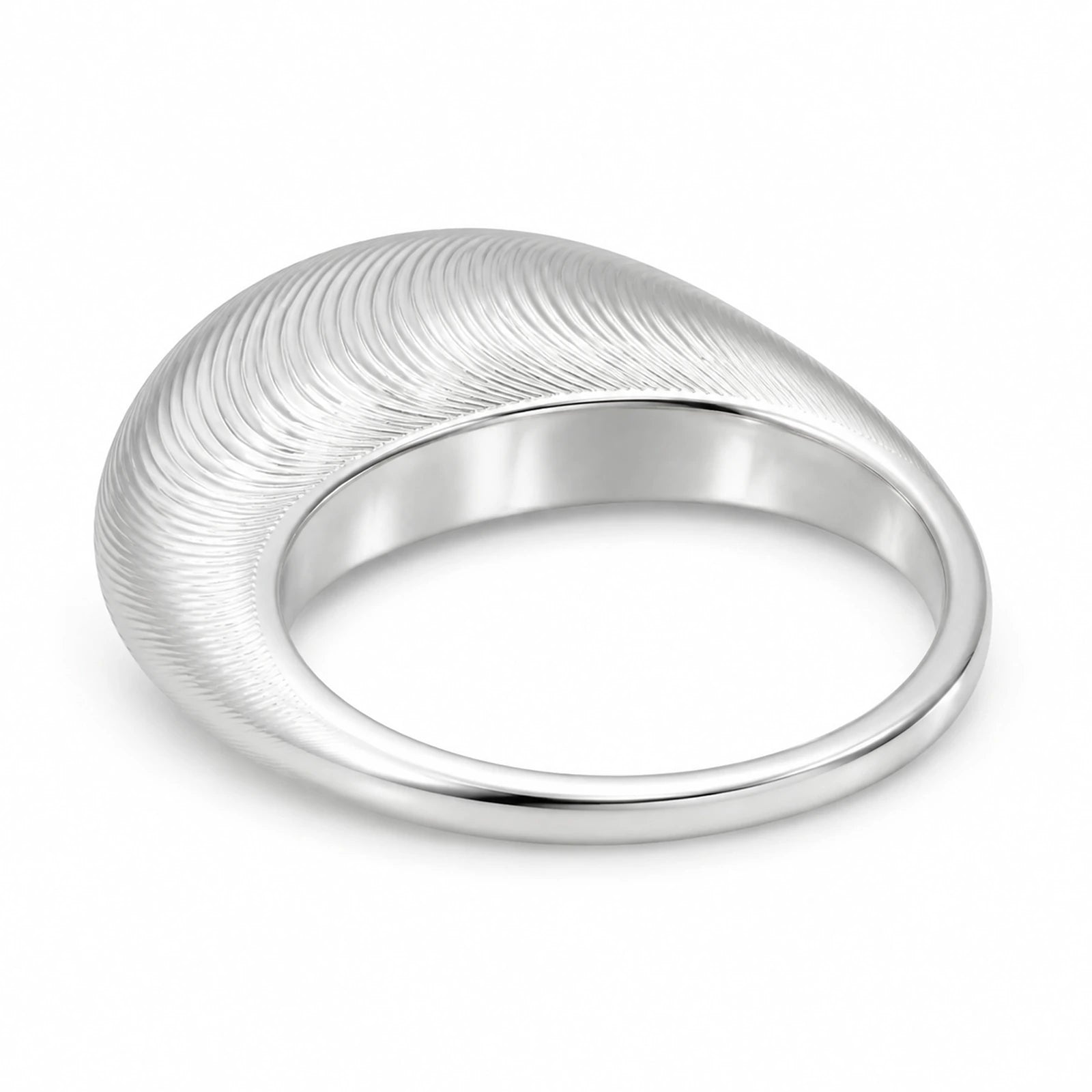 Rear oblique view of tapered fingerprint texture silver band ring