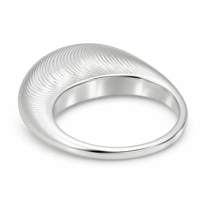 Rear oblique view of tapered fingerprint texture silver band ring
