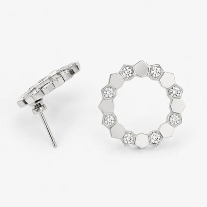 Front and side construction views of geometric open circle stud earrings
