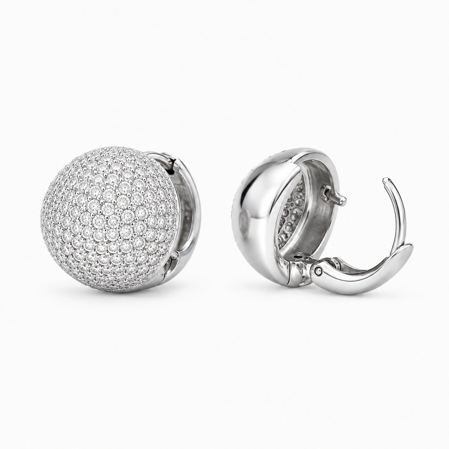 Front, side, rear and open closure views of round pave dome huggie earrings