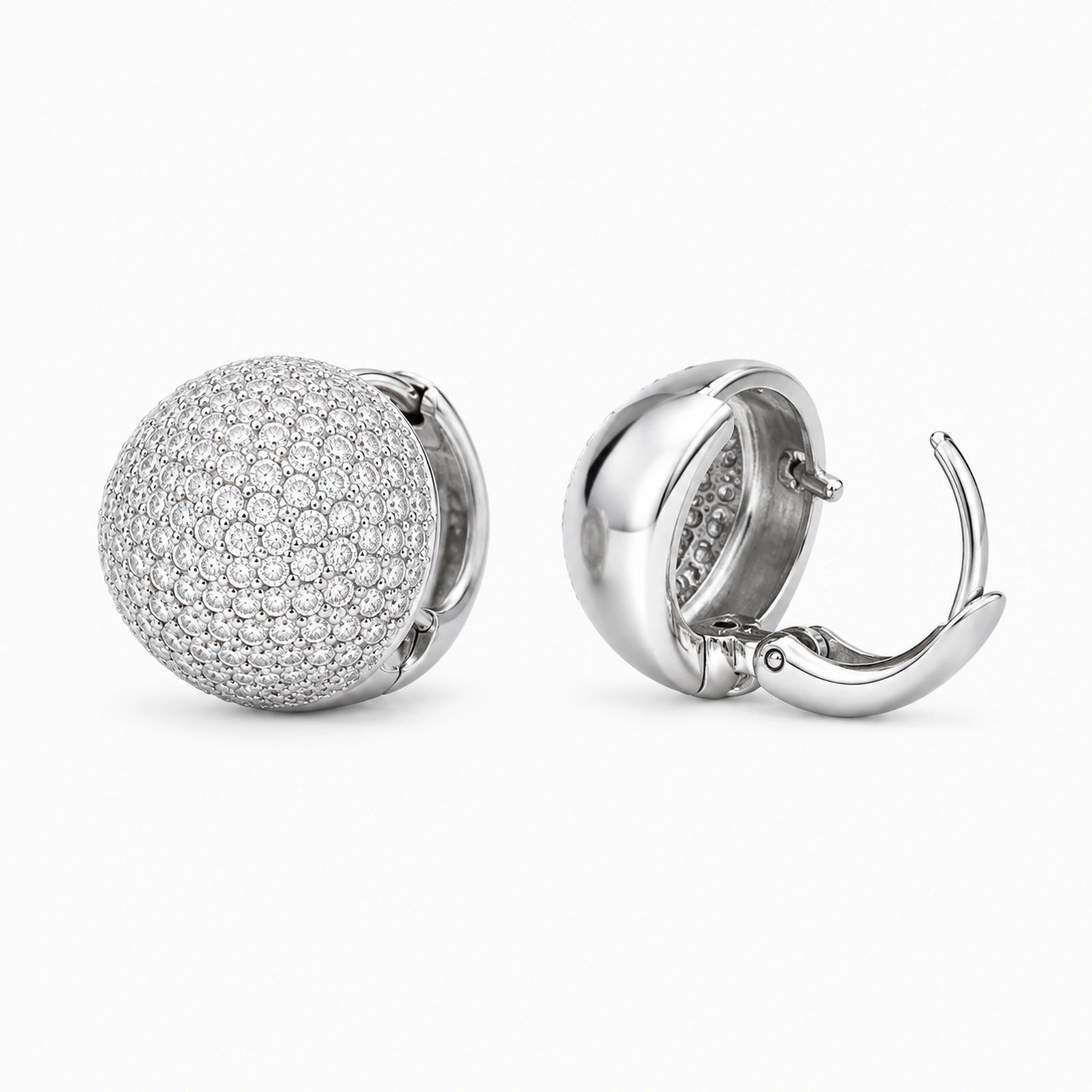 Front, side, rear and open closure views of round pave dome huggie earrings