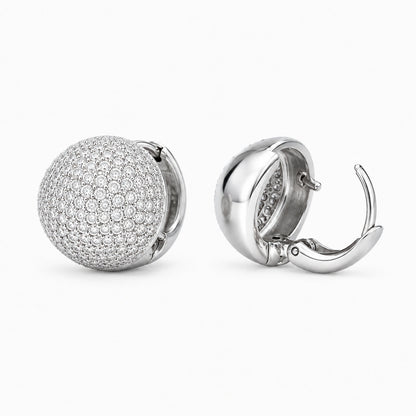 Front, side, rear and open closure views of round pave dome huggie earrings