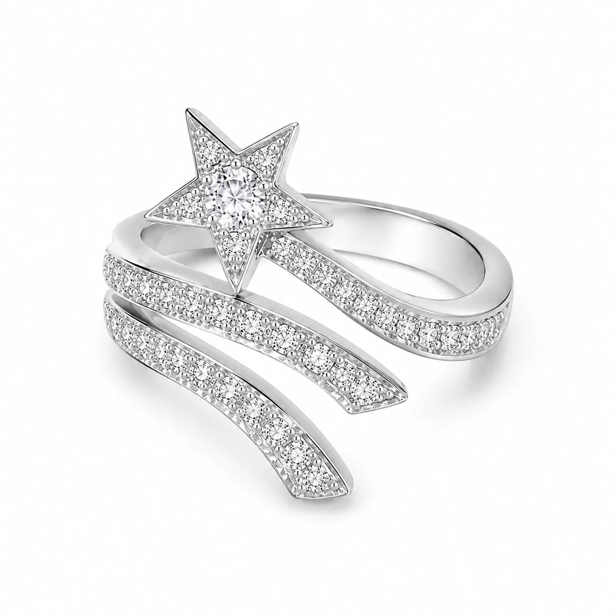 Oblique side view of 925 sterling silver shooting star wrap ring