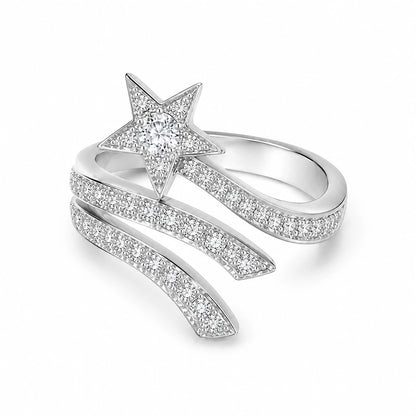 Oblique side view of 925 sterling silver shooting star wrap ring