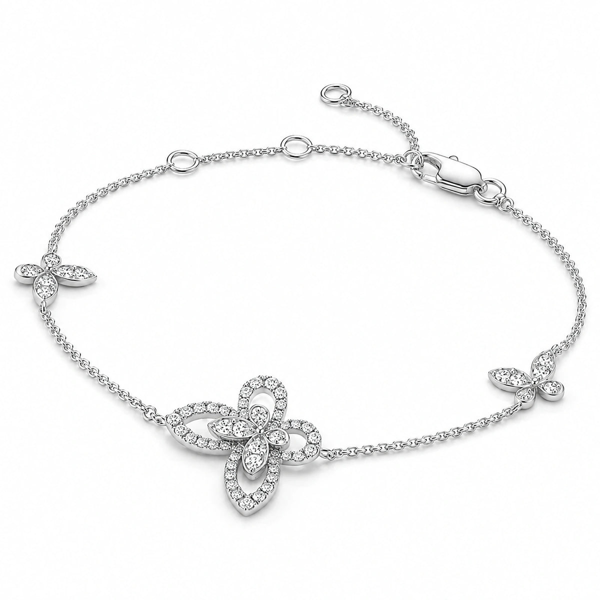 Oblique view of crystal butterfly sterling silver bracelet and lobster clasp