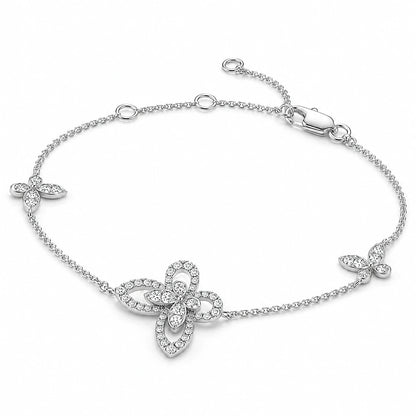 Oblique view of crystal butterfly sterling silver bracelet and lobster clasp