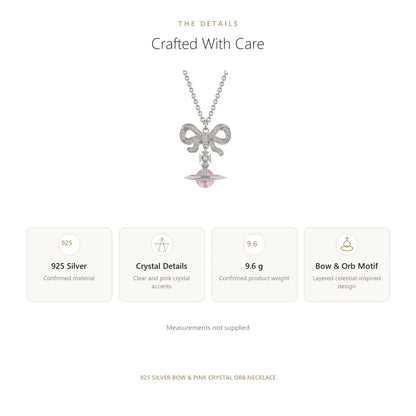 Bow & Pink Crystal Orb Pendant Necklace in 925 Silver