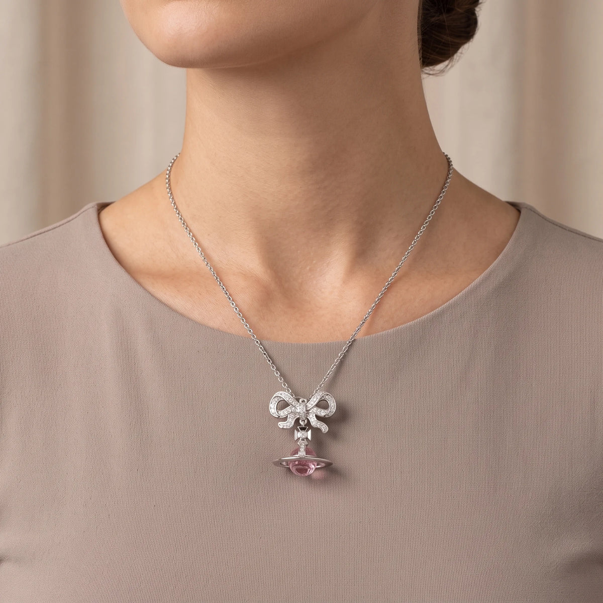 Bow & Pink Crystal Orb Pendant Necklace in 925 Silver