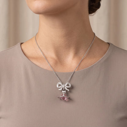 Bow & Pink Crystal Orb Pendant Necklace in 925 Silver