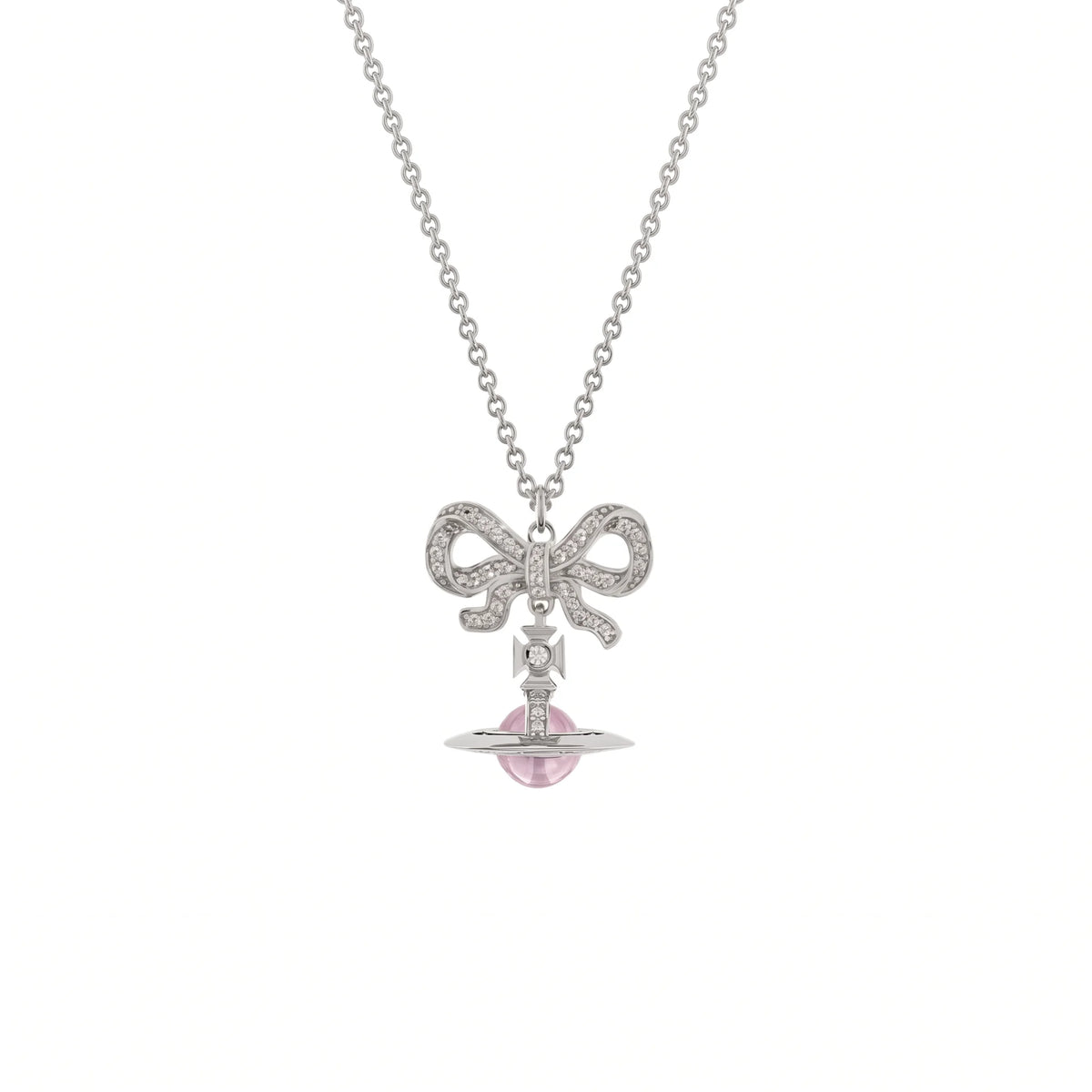 Bow & Pink Crystal Orb Pendant Necklace in 925 Silver