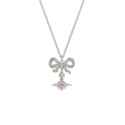 Bow & Pink Crystal Orb Pendant Necklace in 925 Silver
