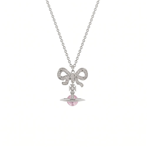 Bow & Pink Crystal Orb Pendant Necklace in 925 Silver