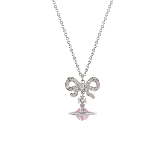 Bow & Pink Crystal Orb Pendant Necklace in 925 Silver