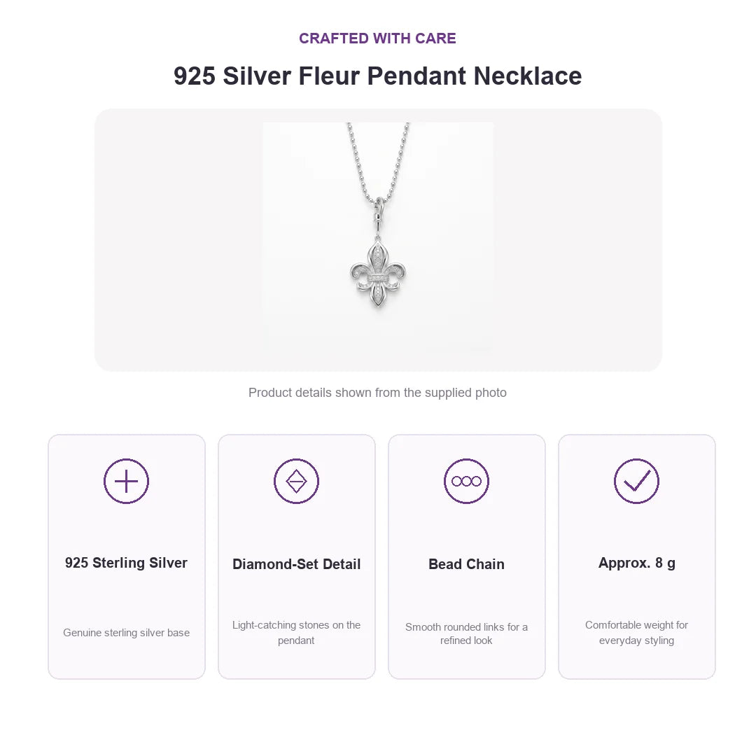 Fleur-de-Lis Pendant Necklace 925 Sterling Silver with Diamond-Set Detail