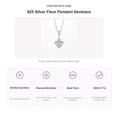 Fleur-de-Lis Pendant Necklace 925 Sterling Silver with Diamond-Set Detail