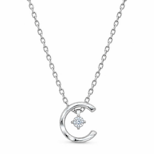 925 Sterling Silver Crescent Moon CZ Pendant Necklace