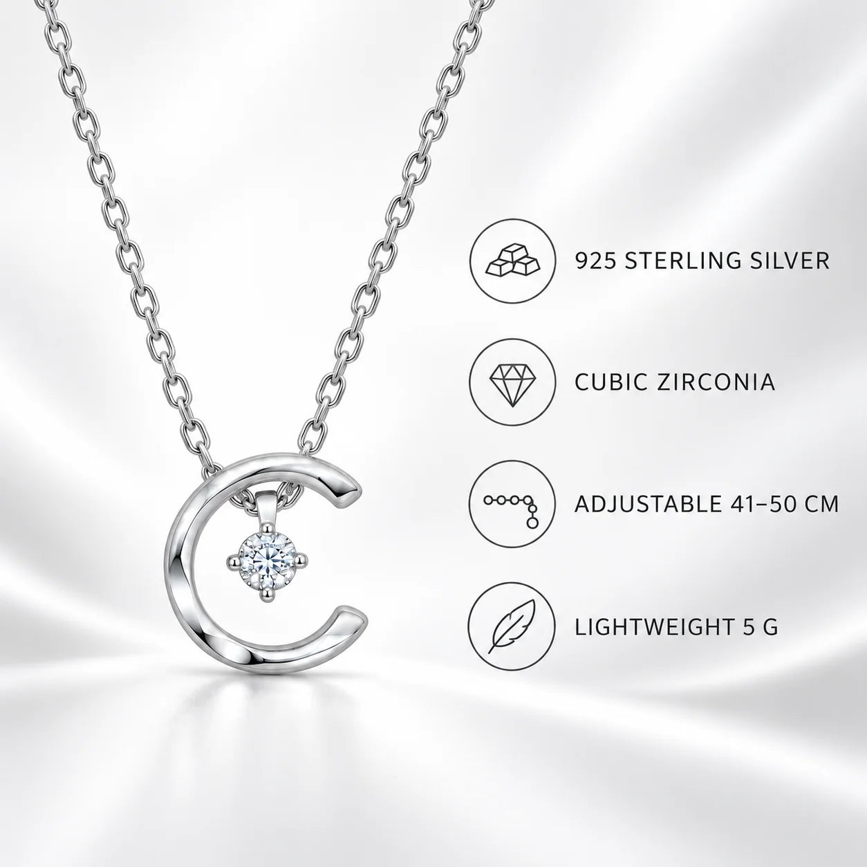925 Sterling Silver Crescent Moon CZ Pendant Necklace