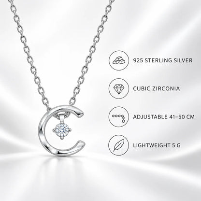 925 Sterling Silver Crescent Moon CZ Pendant Necklace