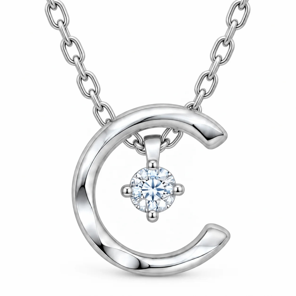 925 Sterling Silver Crescent Moon CZ Pendant Necklace