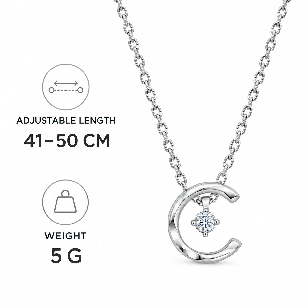 925 Sterling Silver Crescent Moon CZ Pendant Necklace