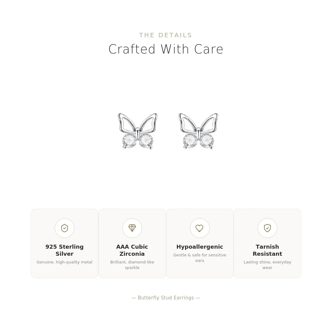 Butterfly Stud Earrings 925 Sterling Silver with Cubic Zirconia
