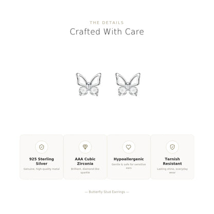 Butterfly Stud Earrings 925 Sterling Silver with Cubic Zirconia