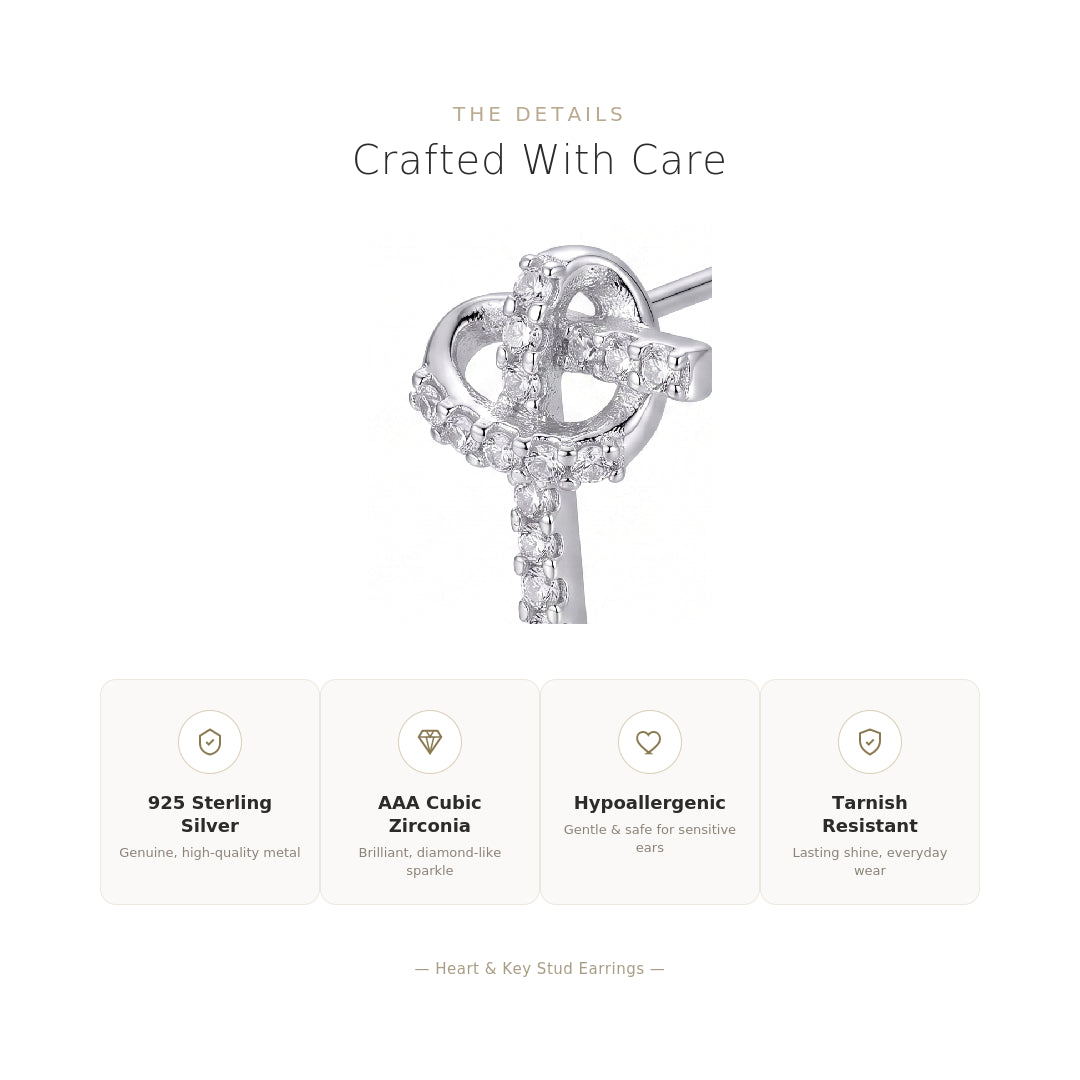 Heart & Key Stud Earrings Sterling Silver CZ