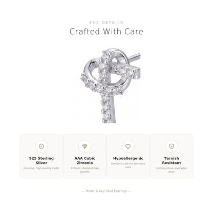 Heart & Key Stud Earrings Sterling Silver CZ