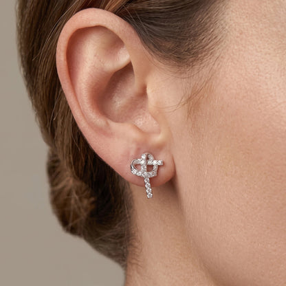 Heart & Key Stud Earrings Sterling Silver CZ