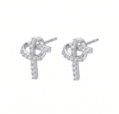 Heart & Key Stud Earrings Sterling Silver CZ