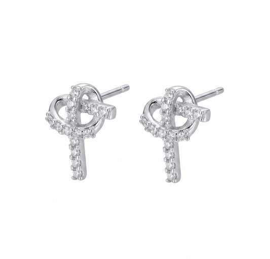 Heart & Key Stud Earrings Sterling Silver CZ