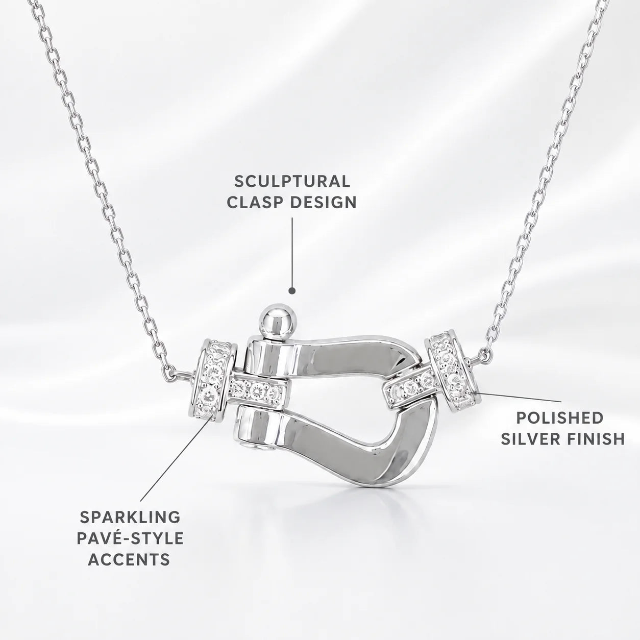 Women’s 925 Sterling Silver Sculptural Clasp Pendant Necklace – Platinum-Tone