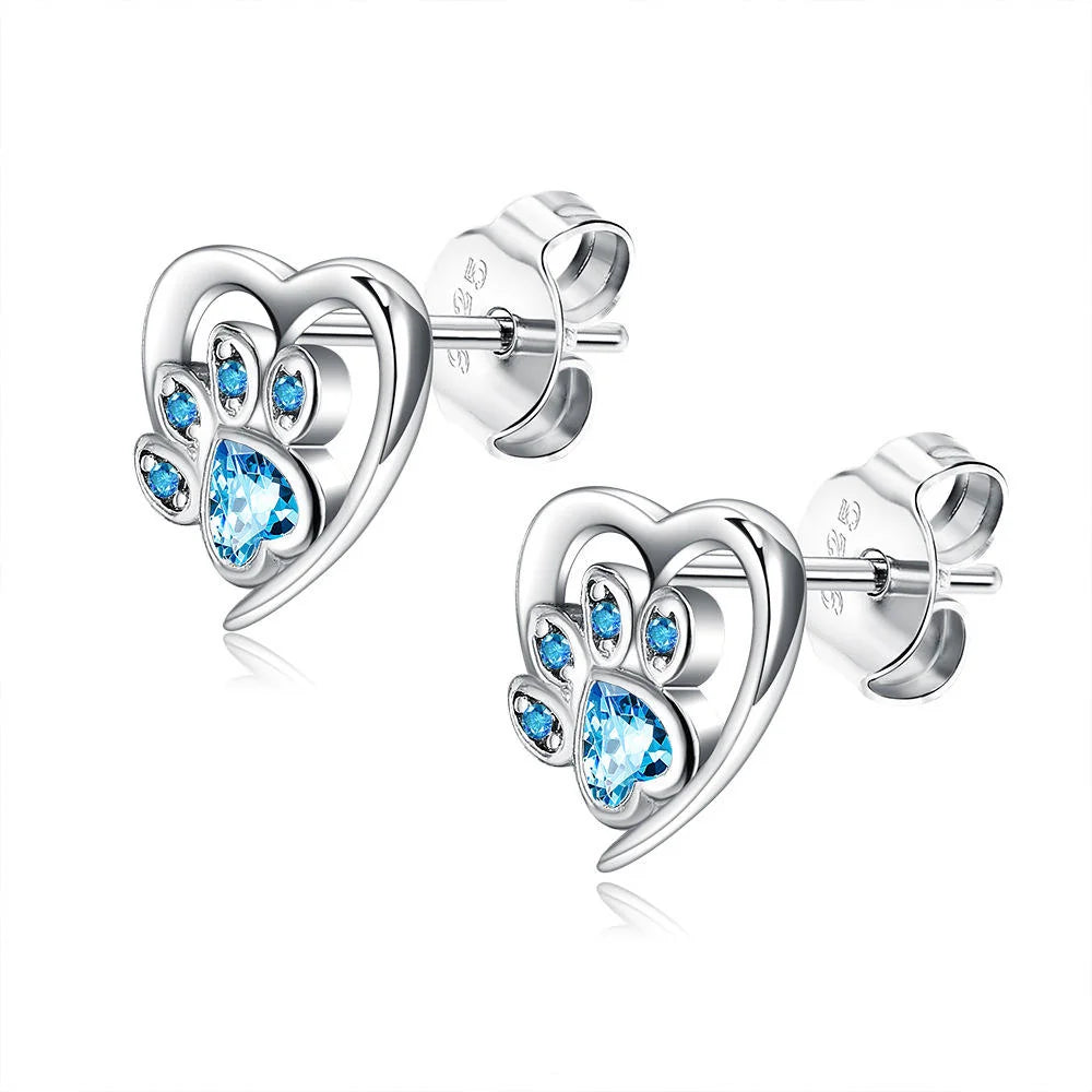 925 Sterling Silver Crystal Paw Print Heart Stud Earrings for Pet Lovers