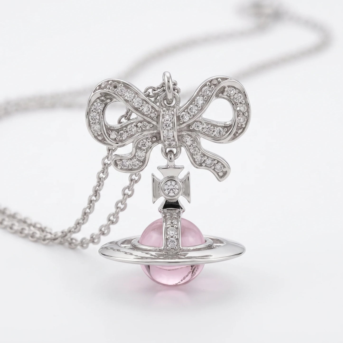 Bow & Pink Crystal Orb Pendant Necklace in 925 Silver