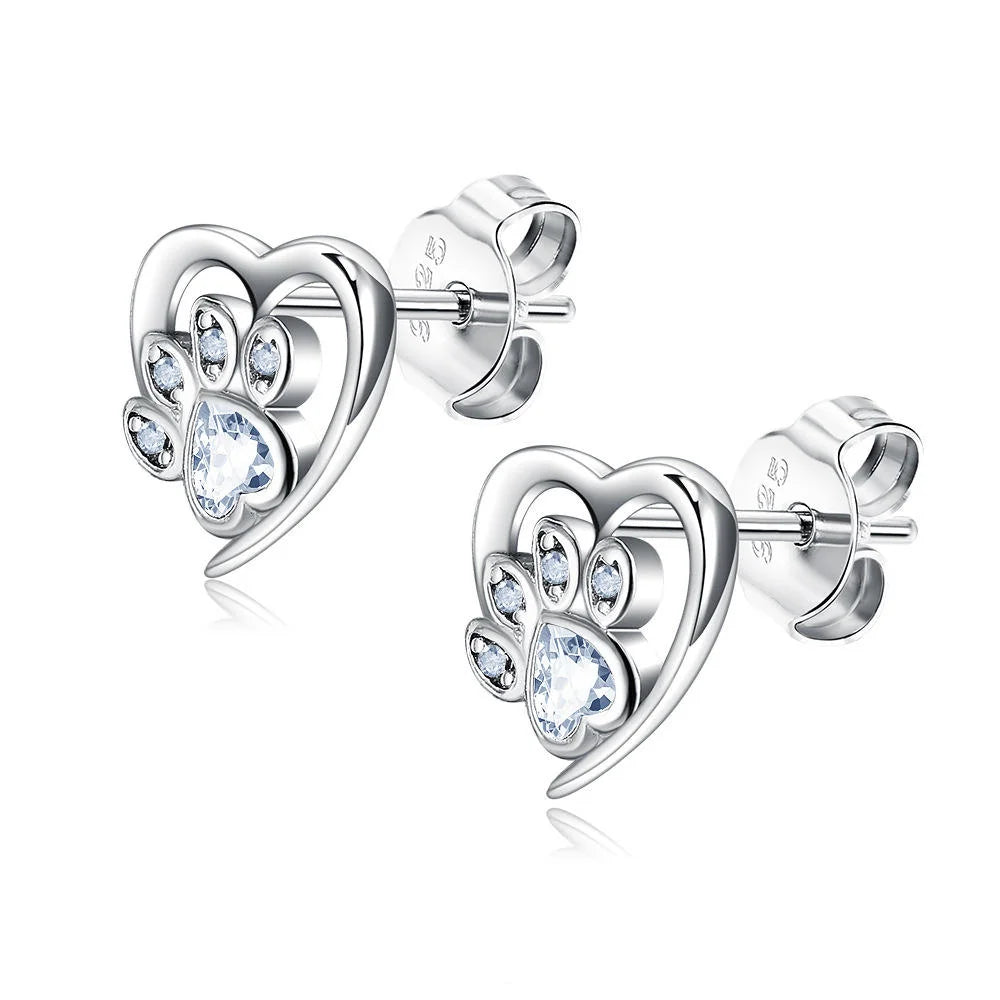 925 Sterling Silver Crystal Paw Print Heart Stud Earrings for Pet Lovers