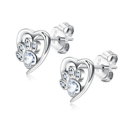 925 Sterling Silver Crystal Paw Print Heart Stud Earrings for Pet Lovers