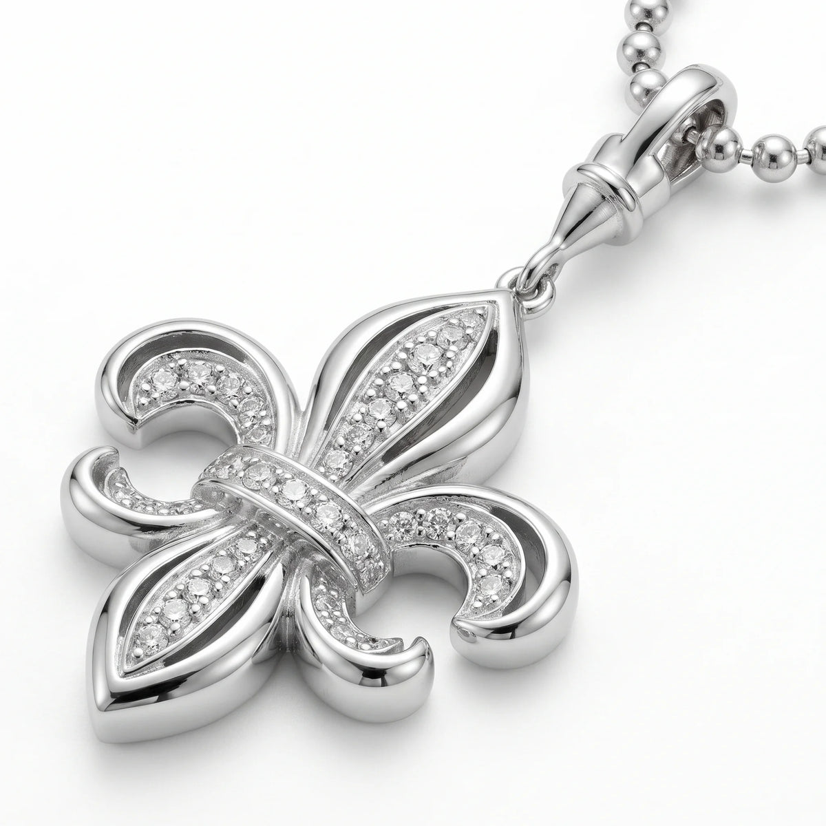 Fleur-de-Lis Pendant Necklace 925 Sterling Silver with Diamond-Set Detail