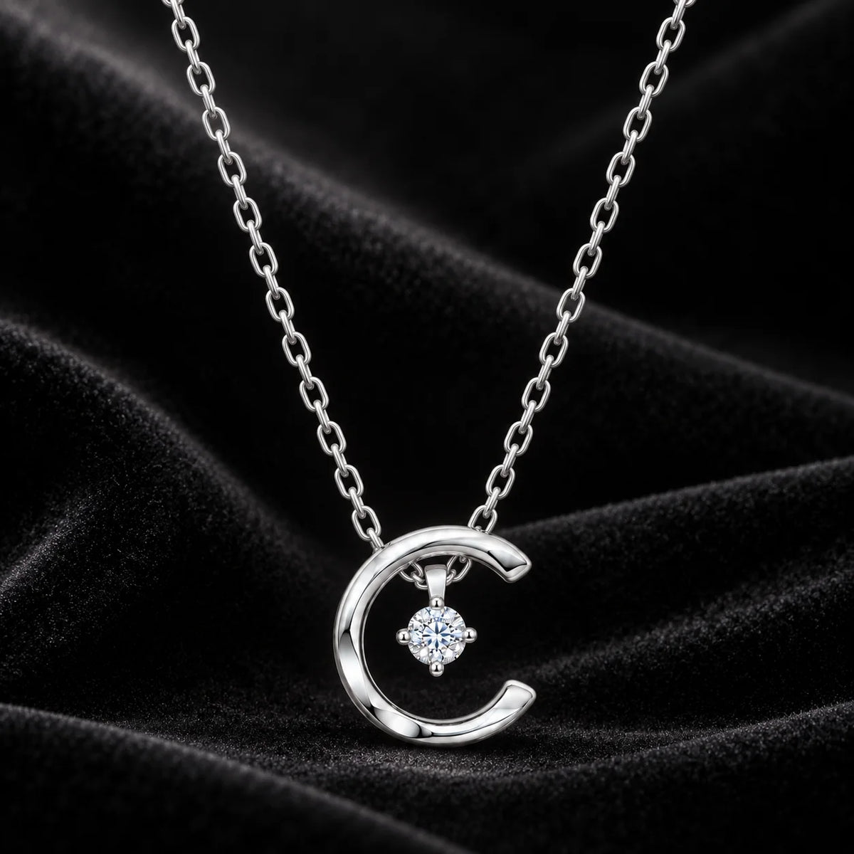 925 Sterling Silver Crescent Moon CZ Pendant Necklace