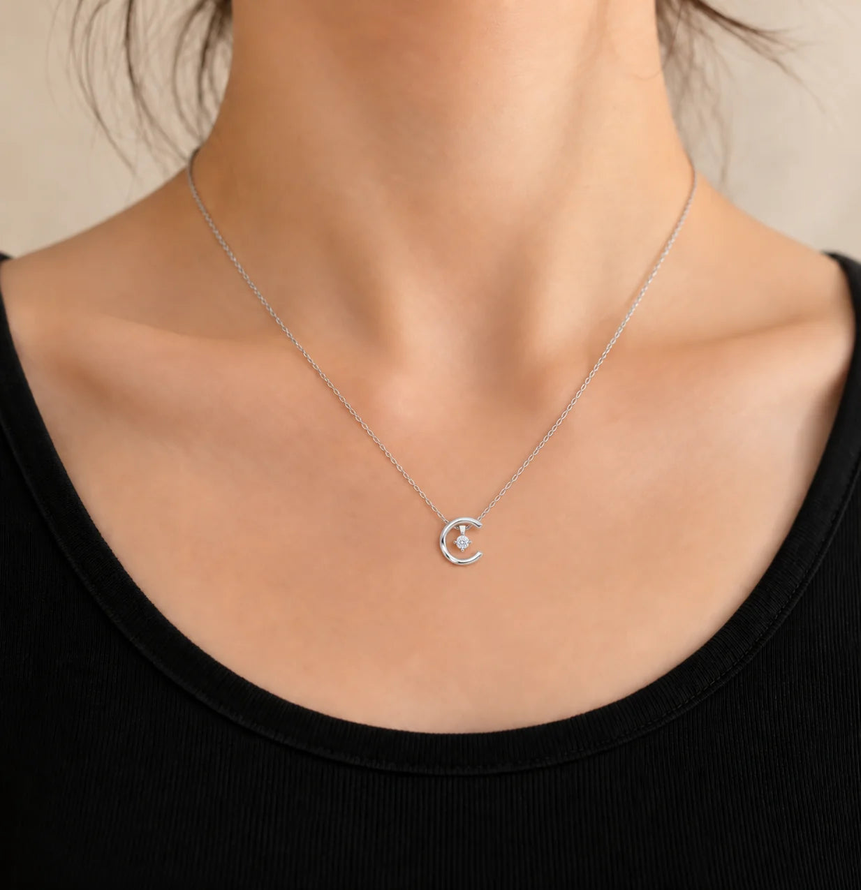 925 Sterling Silver Crescent Moon CZ Pendant Necklace