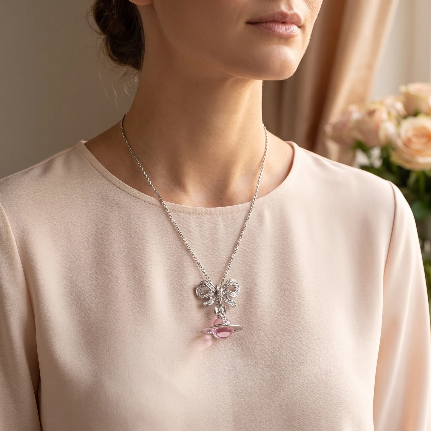 Bow & Pink Crystal Orb Pendant Necklace in 925 Silver