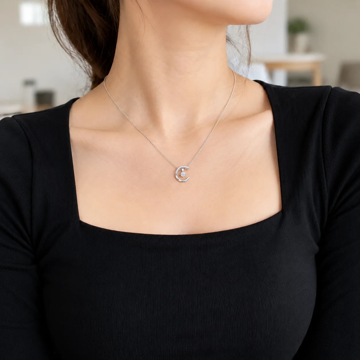 925 Sterling Silver Crescent Moon CZ Pendant Necklace